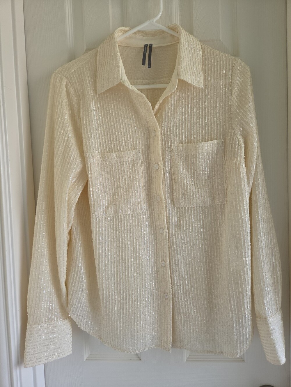 Anthropologie The Remie Sequin Button Down Shirt Cream Ivory Blouse Size M